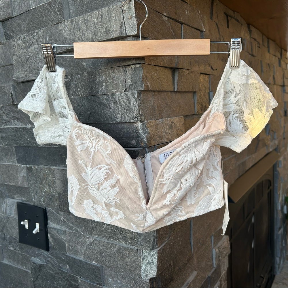 Tobi Ivory Lace Off-Shoulder Crop Top